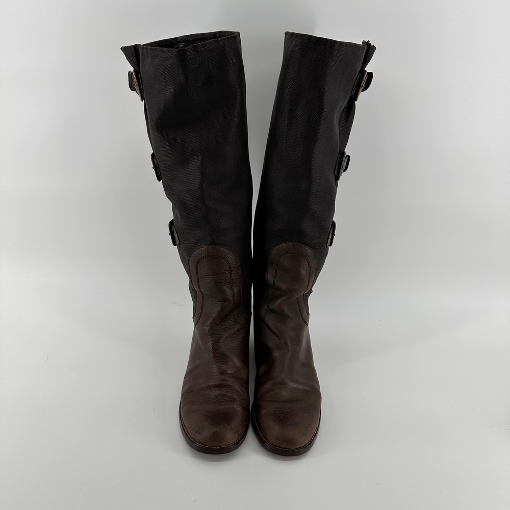 Stuart Weitzman KW48420 Tall Buckle Riding Boots Brown Leather Canvas 9 M